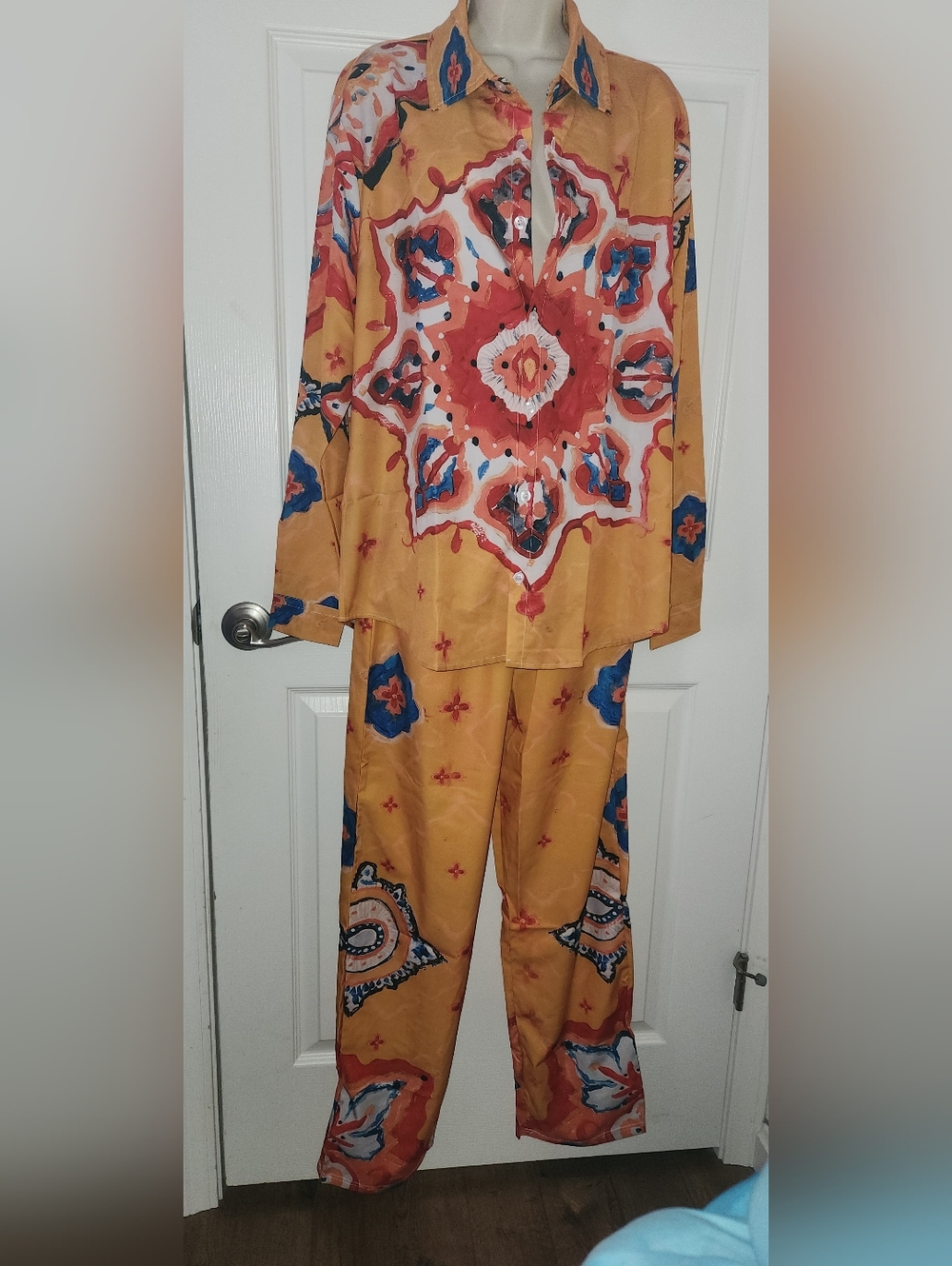 Women's Mustard Floral Medallion Pajama Set with Blue Accents